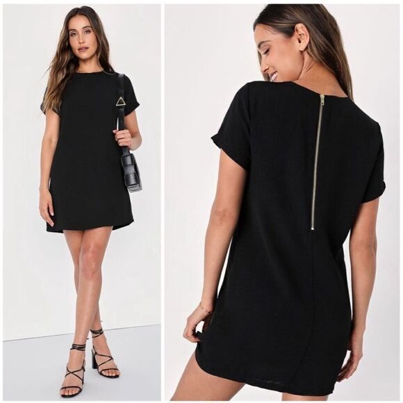 Lulus Shift and Shout Black Shift Dress Size Large Short Sleeve Gold Zipper - Picture 1 of 10